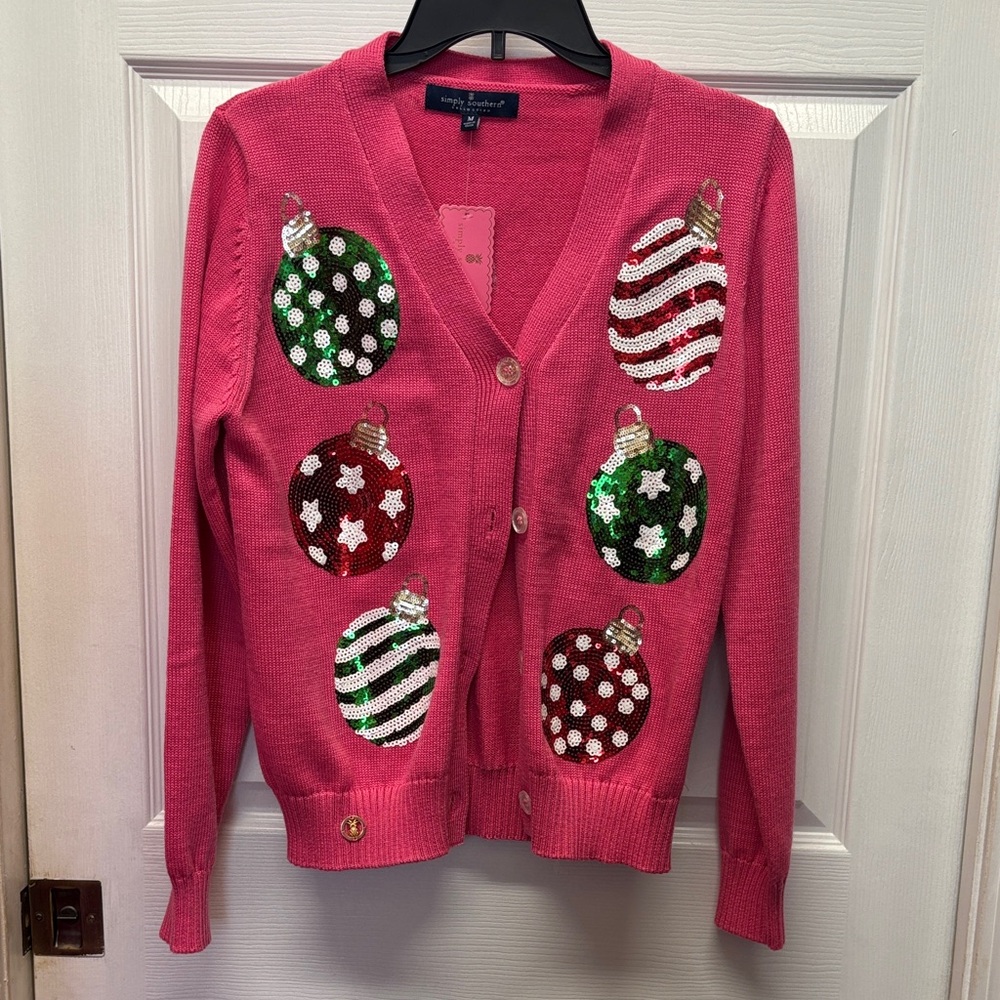 Simply Southern Pink Cardigan with Festive Sequin Ornament Design Medium New